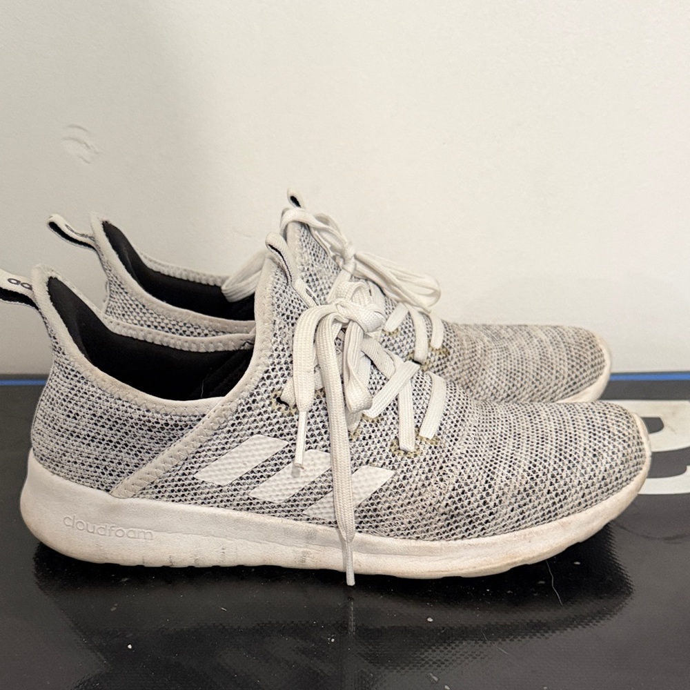 adidas Gray and White Knit Cloudfoam Slip-On Sneakers
